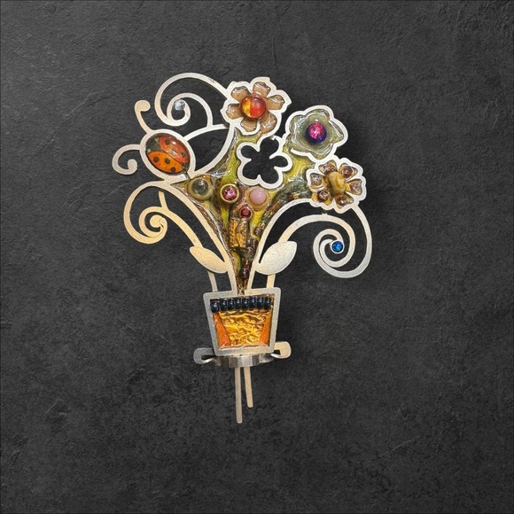 Seeka Jewelry - Vintage Seeka Floral Bouquet Pot Brooch Silver Tone Enamel Multicolor 2.5in Pin